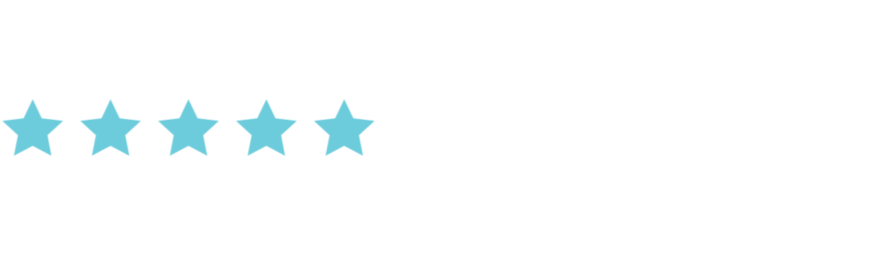 Five blue stars followed by '5.0 · 75+ Reviews' in white text on a black background.