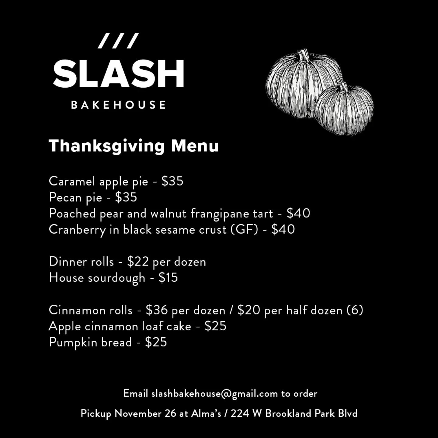 /// Our Thanksgiving menu is live! Whether you want to start or end your holiday with a sweet treat, or sop up the gravy with some homemade bread, we've got you covered.

Order by November 24 for pickup at @almas.rva on November 26. We'll have some e