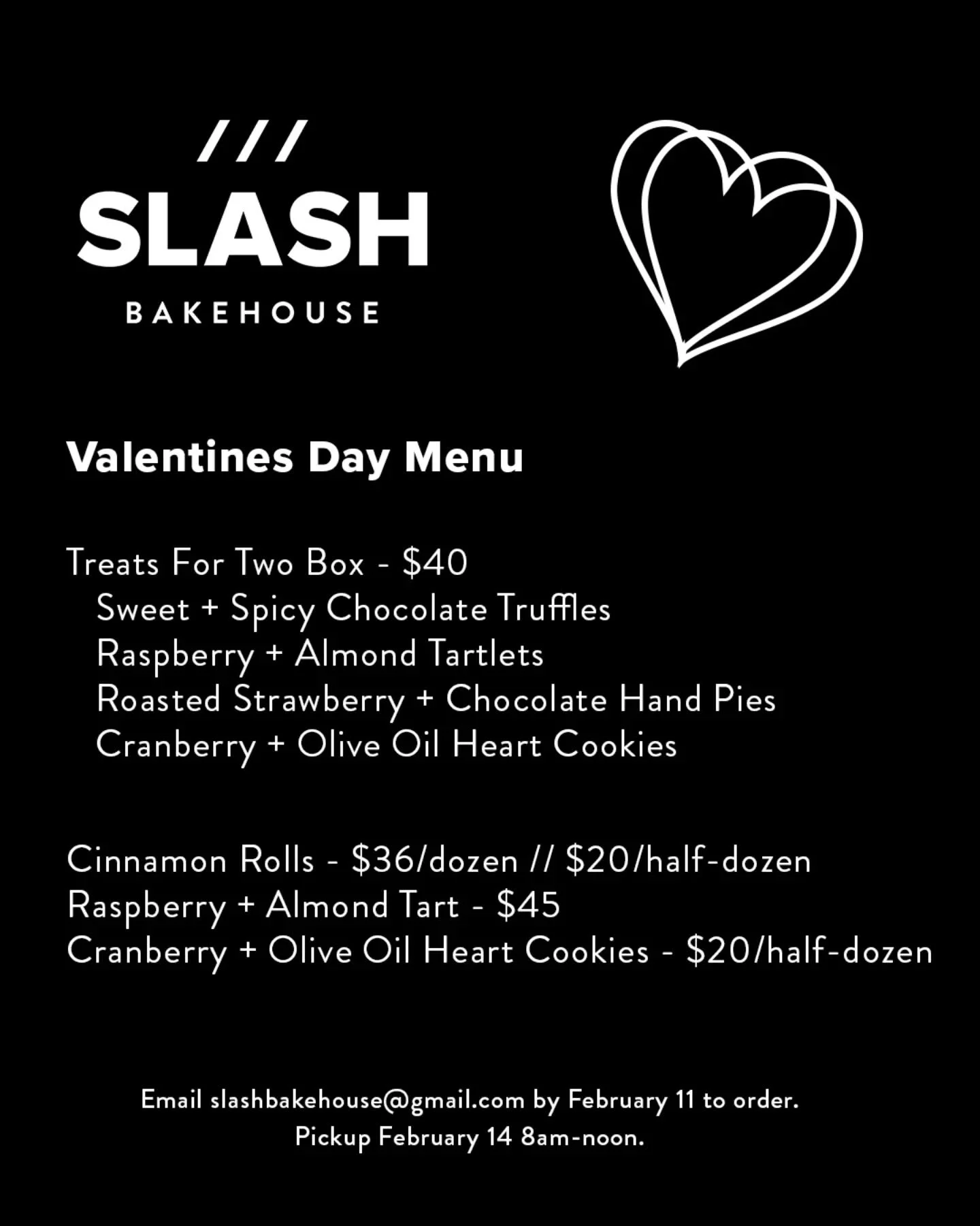 /// We're back at it after a post-holiday break. Grab some sweet treats to eat with (or off of? 😈) your Valentine. Or grab a box of goodies to eat yourself. There are no rules and Valentine's Day is made up! 

Email or message me by Feb 11 to order 
