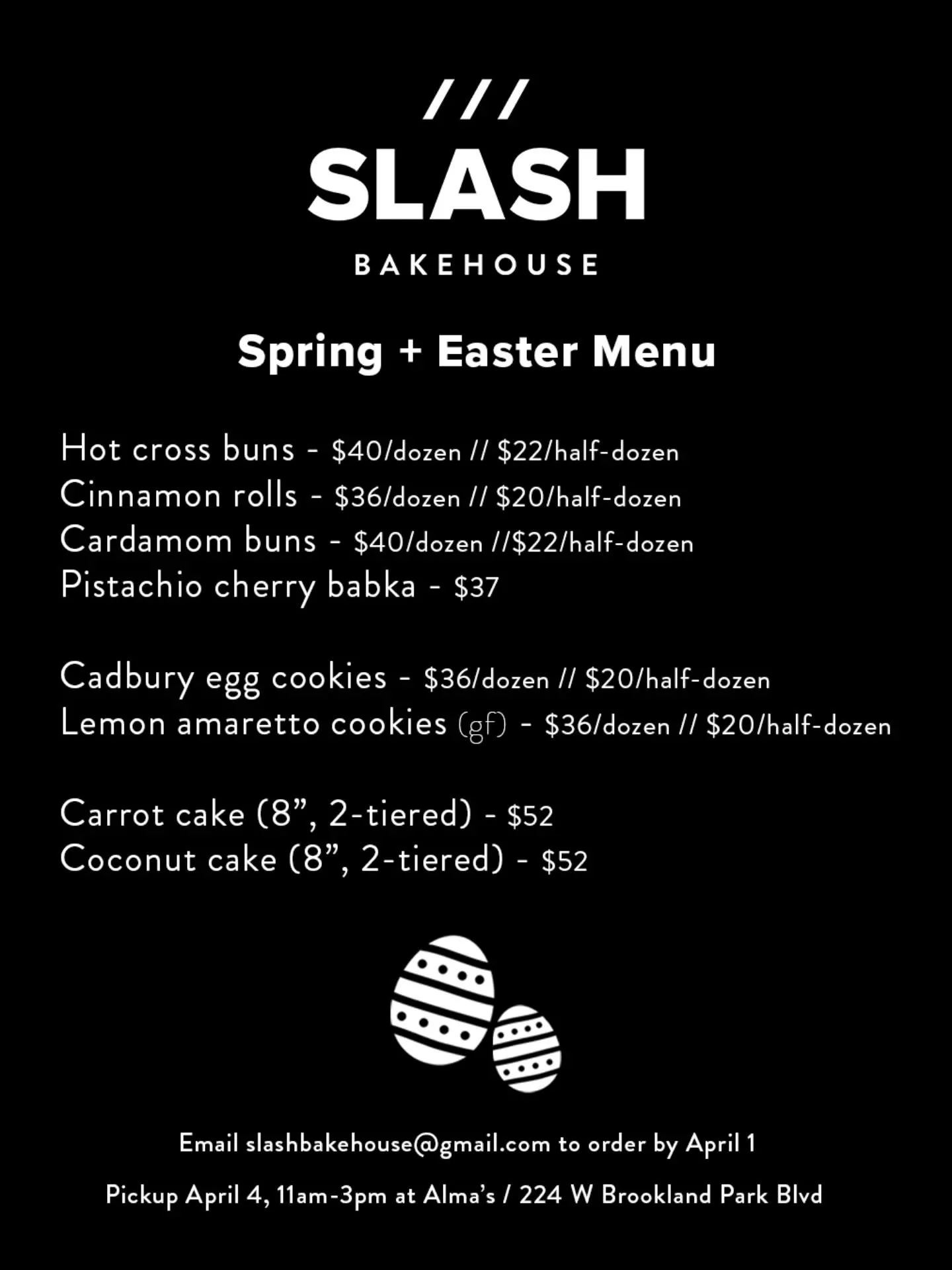 ///🐰🌸🌷🥚 It's officially spring and Easter orders are open! Email or message by April 1 to order. Pick up your order on Saturday, April 4 11am-3pm at @almas.rva. 

On the menu:
Hot cross buns
Cinnamon rolls
Cardamom buns
Pistachio cherry babka
Cad