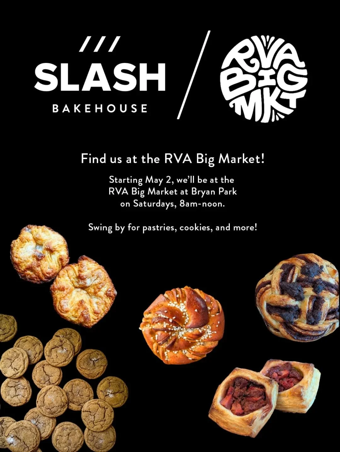 /// News! Starting next Saturday, May 2, you can find us at the RVA Big Market at Bryan Park. We'll be there every Saturday 8am-noon. Come through and grab a pastry, cookie, or sweet treat and say hi!

👉🏻 Swipe for a peek at next week's menu.
