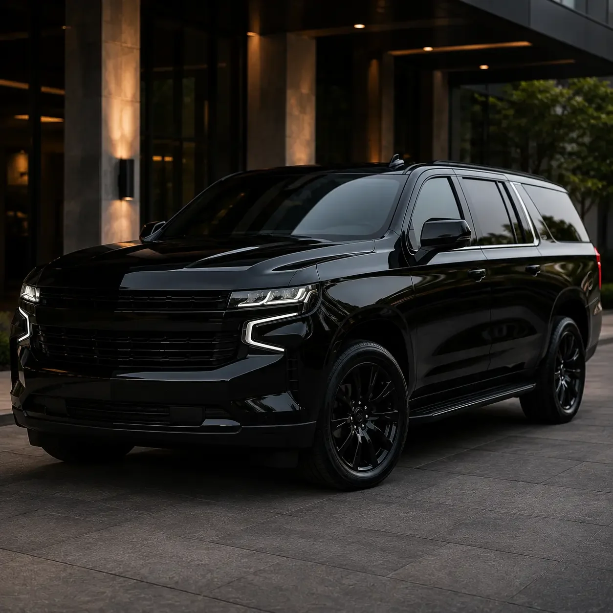 Black luxury SUV parked outside a modern building at dusk.