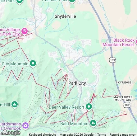 Map showing locations including Park City, Deer Valley Resort, Bald Mountain, and nearby resorts and mountains in Utah.