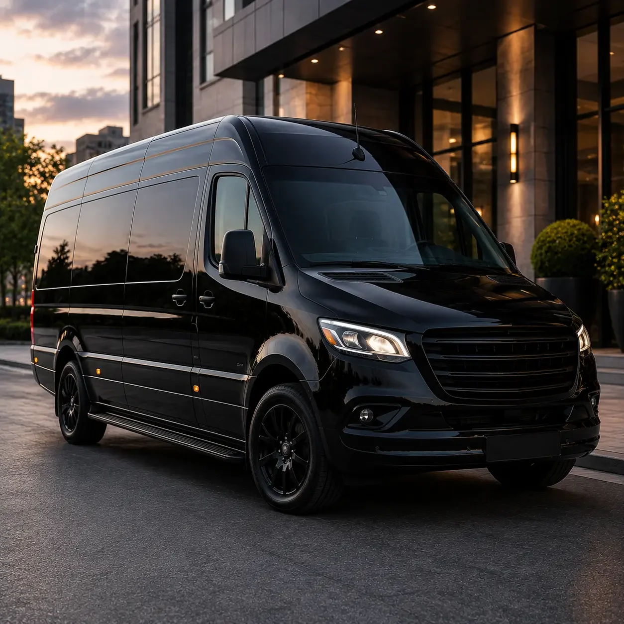 A black cargo van parked on a city street during sunset, with modern buildings and trees in the background.