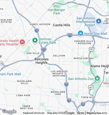 Map of San Antonio, Texas, showing locations such as San Antonio International Airport, North Star Mall, San Antonio Zoo, and nearby neighborhoods including Castle Hills, Balcones Heights, and Alamo Heights, with major roads and highways like I-10, I-410, and I-35.