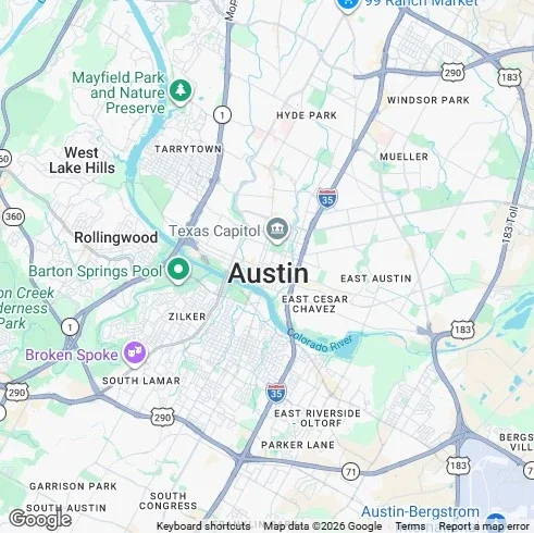 Map of Austin, Texas, showing neighborhoods, parks, and highways.