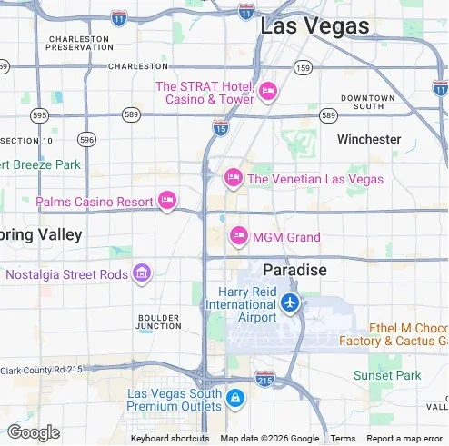 Map of Las Vegas showing major hotels, the airport, and landmarks like Palms Casino Resort, The Venetian, MGM Grand, and Harry Reid International Airport.