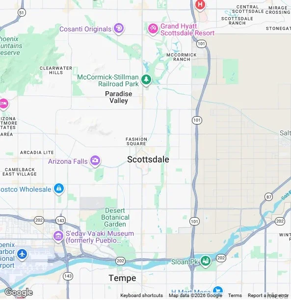 Map of Scottsdale, Arizona, showing landmarks including McCormick-Stillman Railroad Park, Arizona Falls, Desert Botanical Garden, S'edar Va'aki Museum, and Sloan Park.