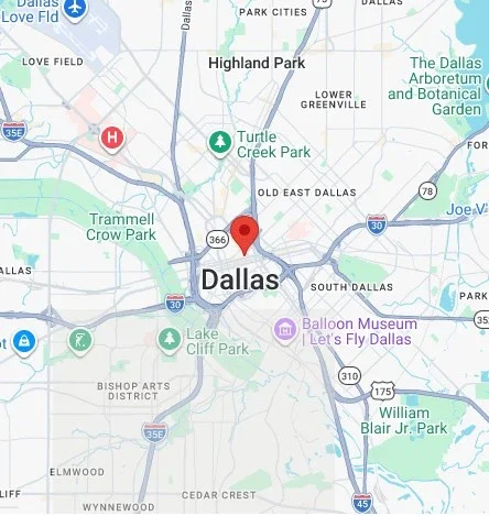 Map of Dallas, Texas showing major roads, parks, and landmarks including Turtle Creek Park, Trammell Crow Park, Lake Cliff Park, William Blair Jr. Park, and the Balloon Museum, with downtown marked at the center.