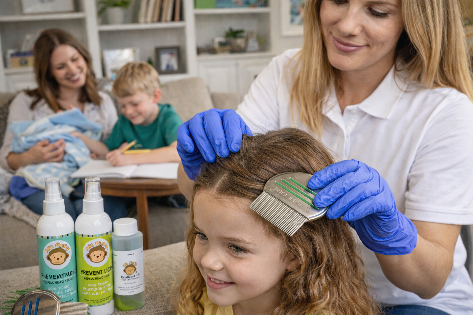 Nit Picky® head lice technician using a profession lice comb during a professional lice treatment on a child. Mom and  children are happy at home in the back ground.