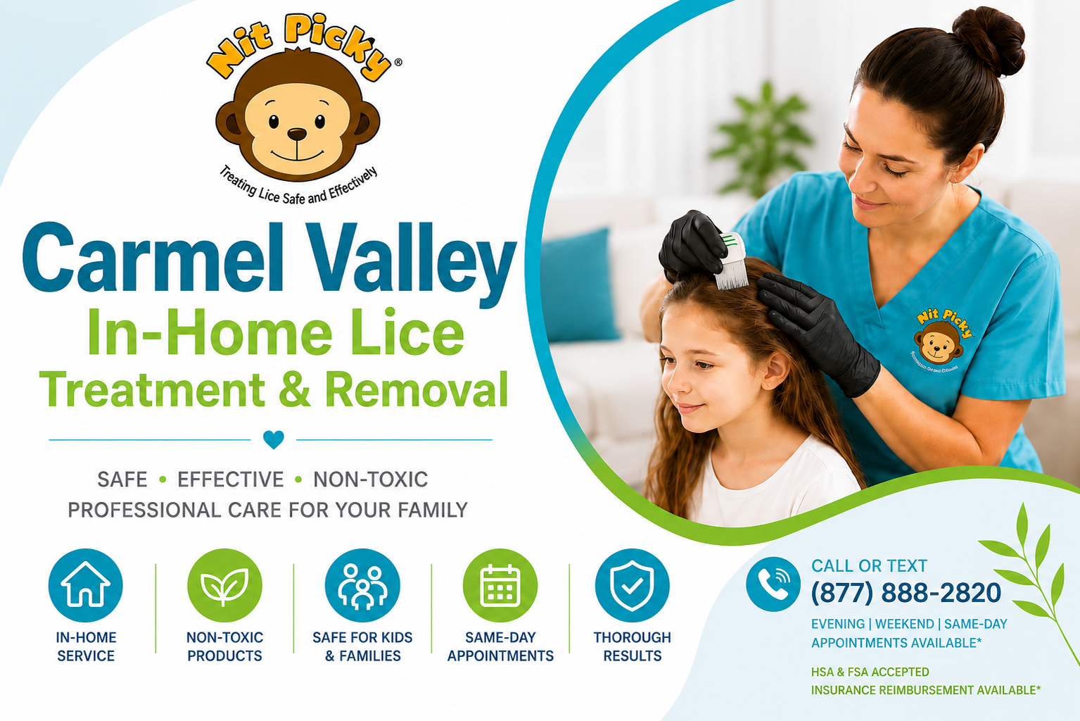 Nit Picky® Carmel Valley In-Home Lice Treatment & Removal featuring a professional lice technician carefully combing a young girl's hair during an in-home head lice treatment.