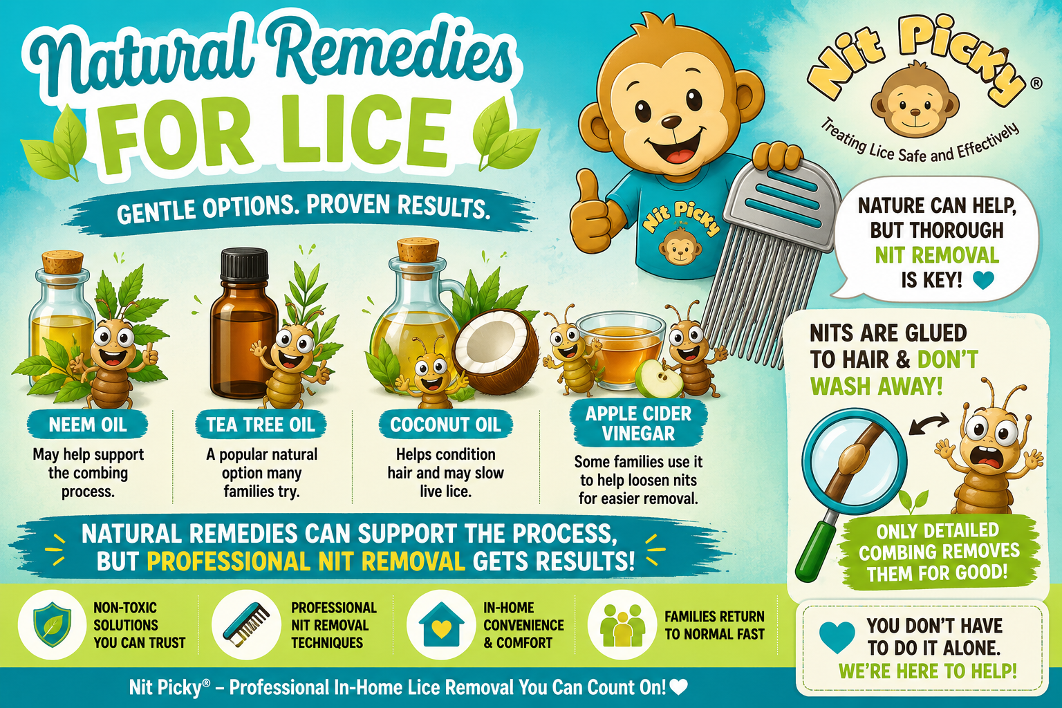 Natural remedies for head lice including olive oil, coconut oil, neem oil, tea tree oil, vinegar, and mayonnaise displayed as common home treatment options.