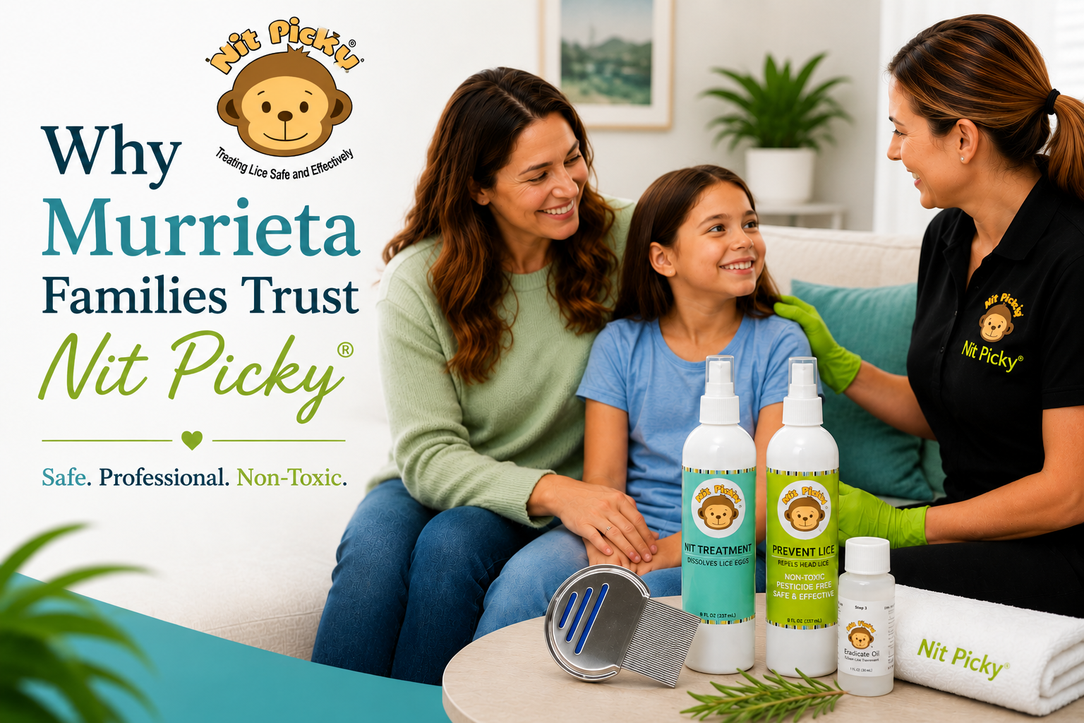Mother and child smiling with a Nit Picky® lice specialist during an in-home head lice consultation in Murrieta, CA, featuring safe, non-toxic lice treatment products and professional lice removal services.