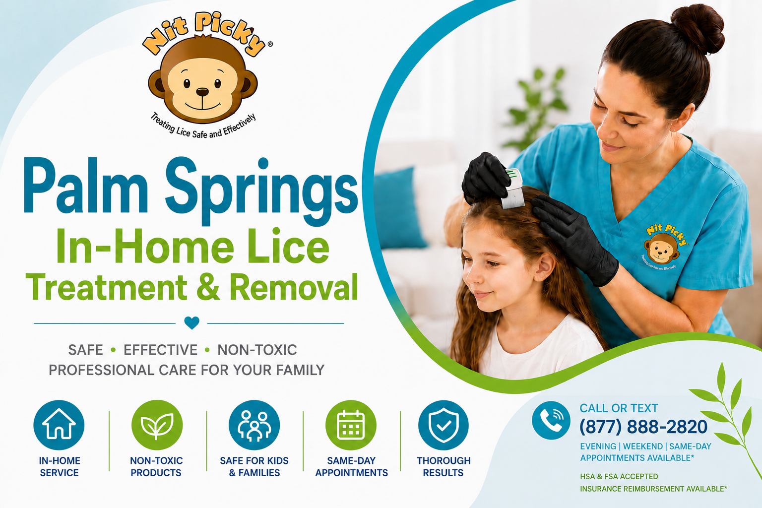 Palm Springs In-Home Lice Treatment & Removal promotional graphic featuring a professional lice technician carefully combing a young girl's hair during an in-home head lice treatment