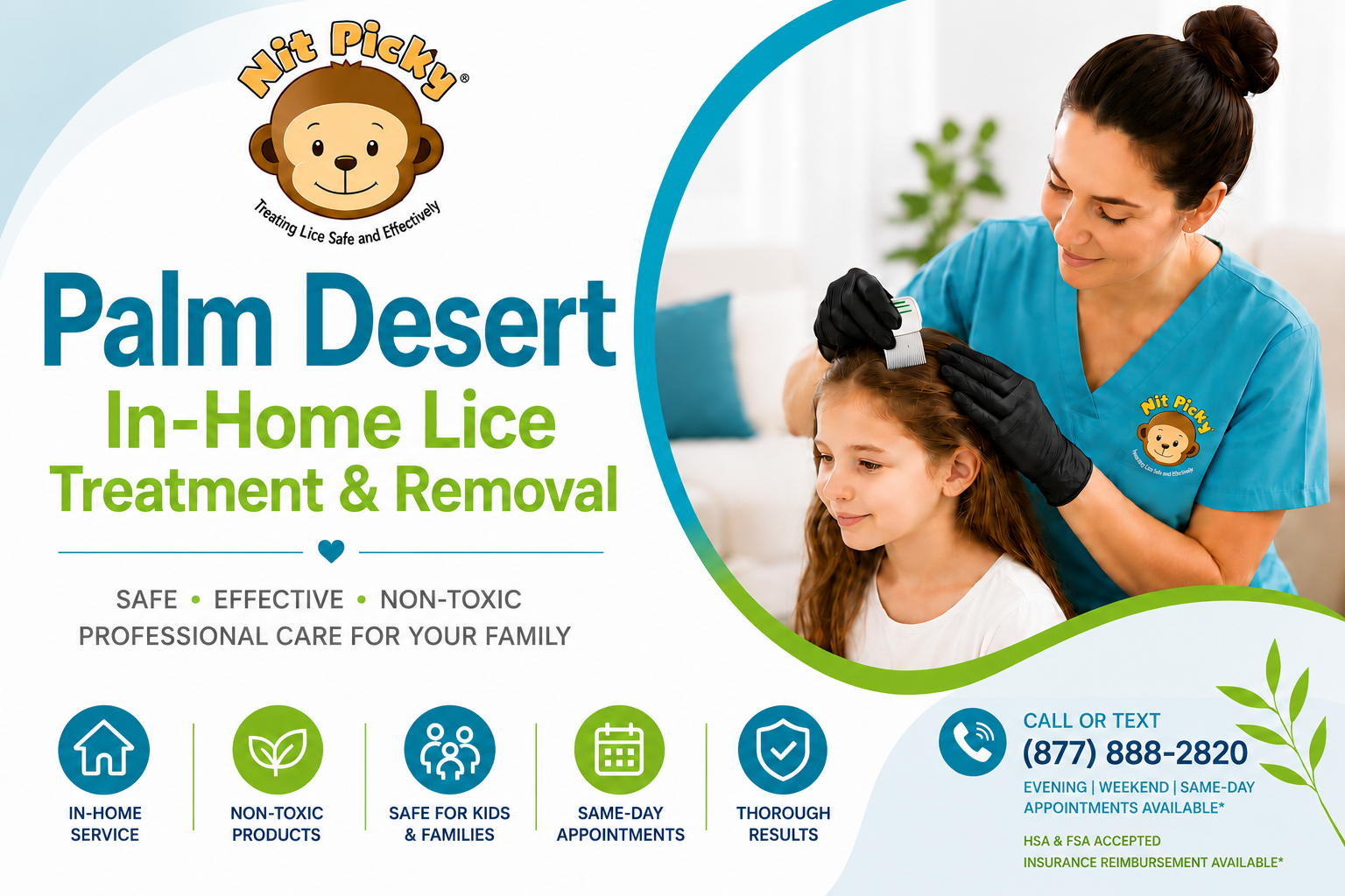 Palm Desert In-Home Lice Treatment & Removal promotional graphic featuring a professional lice technician carefully combing a young girl's hair during an in-home head lice treatment.