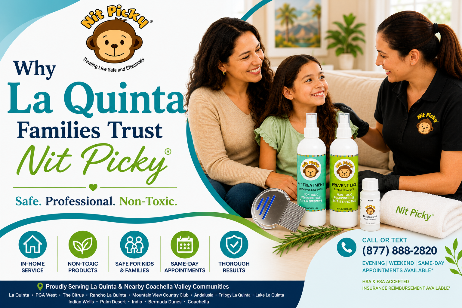 Professional Nit Picky® technician providing safe, non-toxic in-home lice treatment and head lice removal for a child in La Quinta, CA with same-day appointments available.