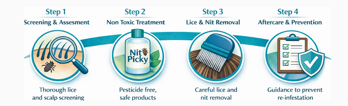 lice treatment and removal process showing professional lice screening, non-toxic treatment application, thorough lice and nit removal, and aftercare guidance for families in La Quinta