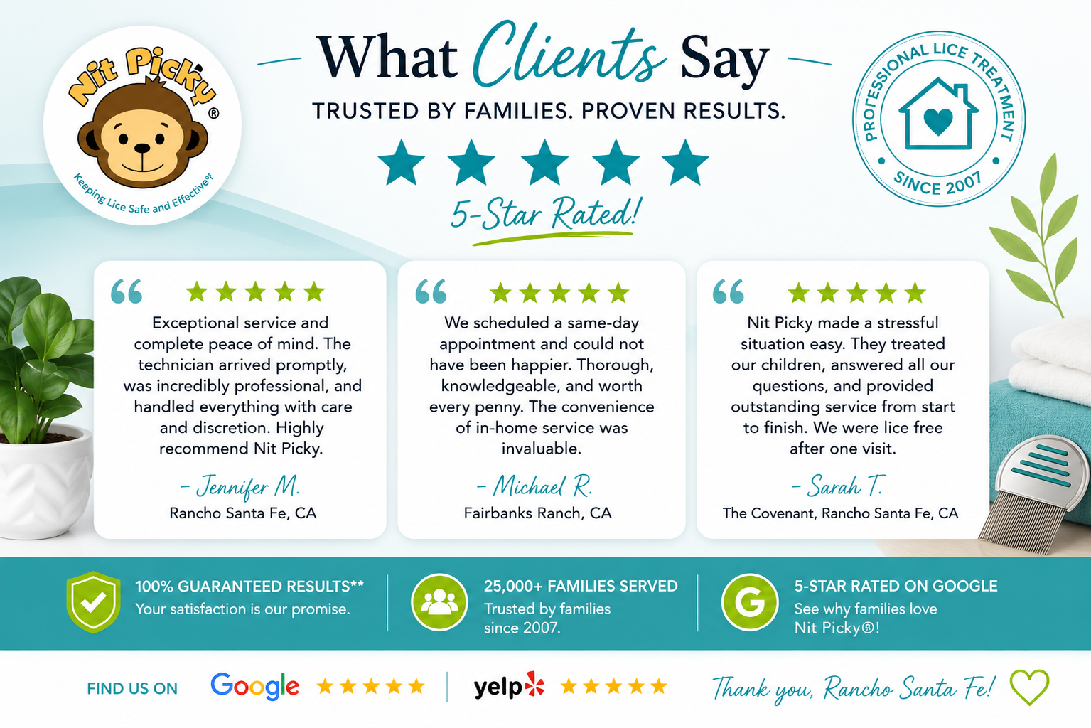 Rancho Santa Fe families trust Nit Picky® for professional in-home lice treatment, lice removal, and non-toxic head lice care throughout North County San Diego.