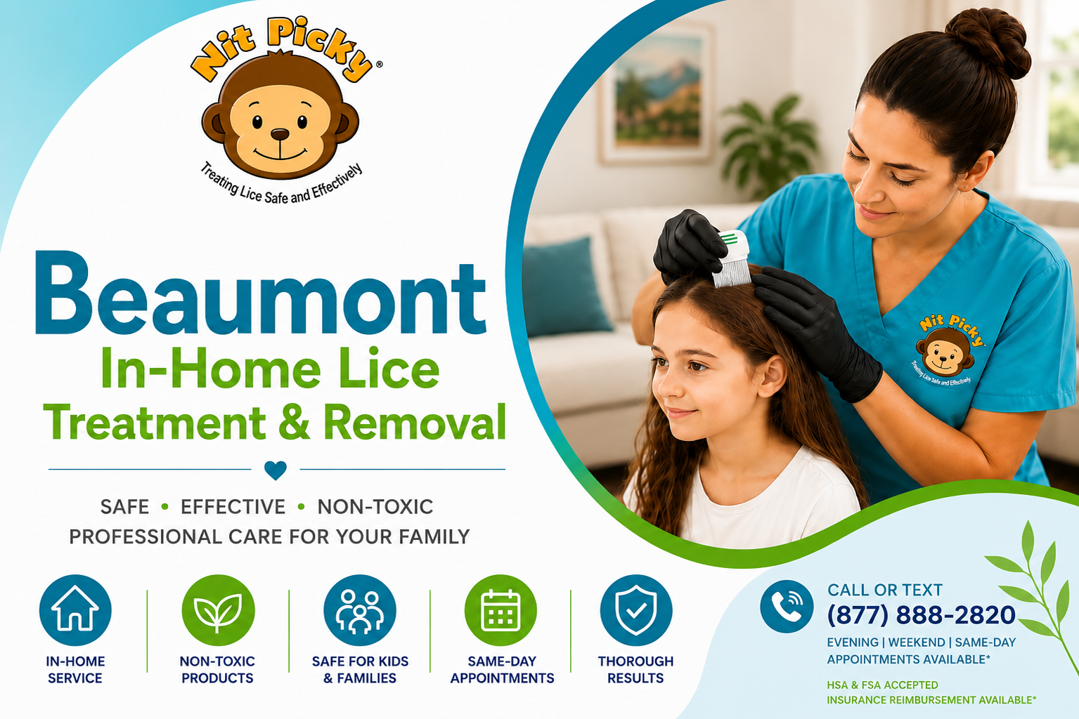 Professional in-home lice treatment and lice removal in Beaumont, CA. Nit Picky® technician safely combs a child's hair using non-toxic, pesticide-free head lice treatment with same-day appointments available for families.