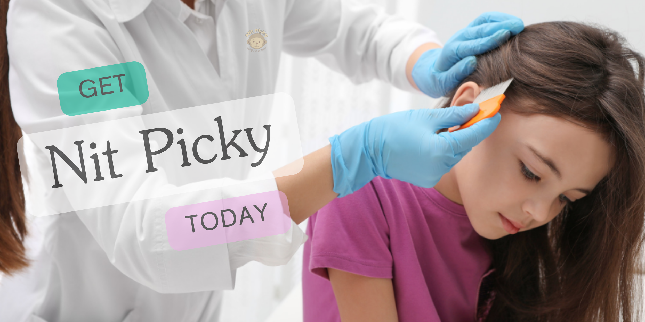 Nit Picky® head lice technician using a metal lice comb to comb and screen for head lice on a child with long hair.
