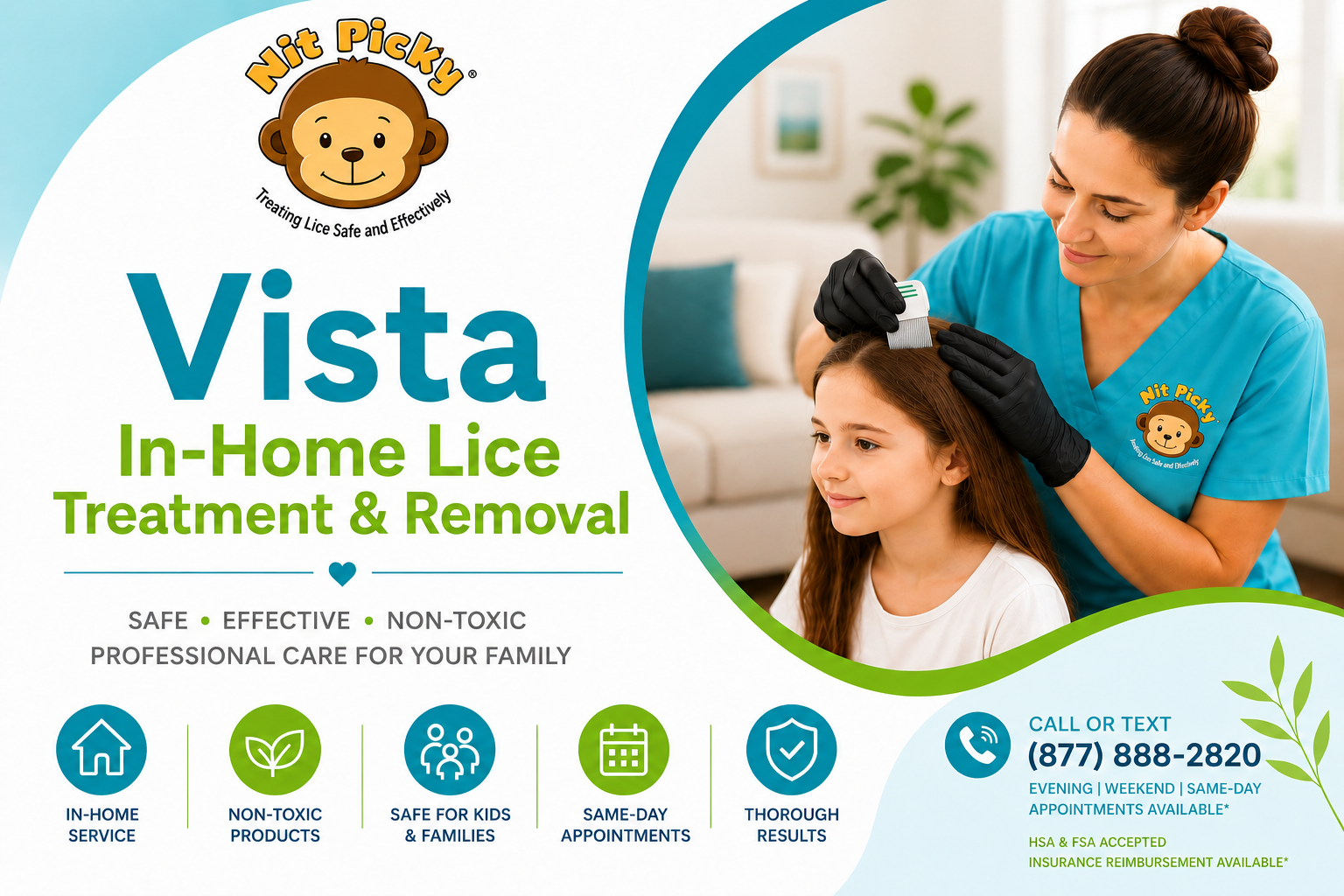 Professional Nit Picky® technician providing safe, non-toxic in-home lice treatment and head lice removal for a child in Hemet and San Jacinto, CA with same-day appointments available.