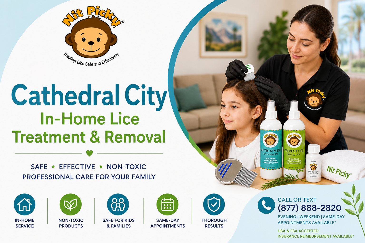 Professional in-home lice treatment and lice removal in Cathedral City, CA. Young Nit Picky® technician safely combs a child's hair using non-toxic, pesticide-free head lice treatment with same-day appointments available for families.
