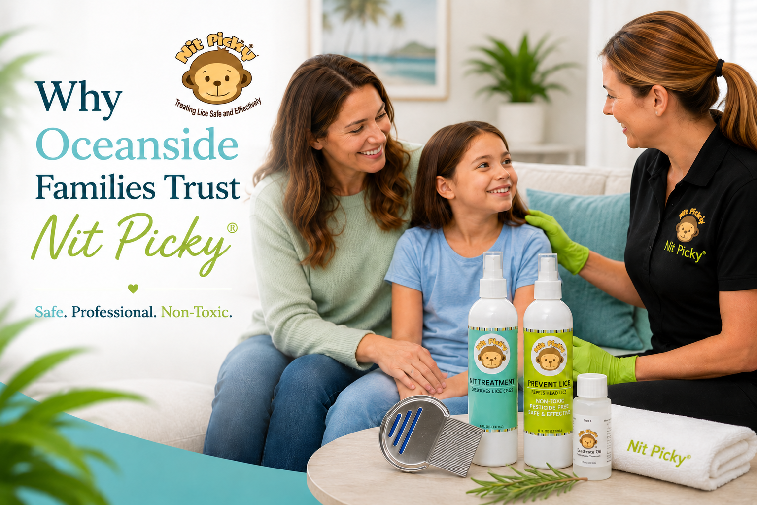Professional in-home lice treatment and lice removal in Oceanside, California, featuring a Nit Picky® technician providing safe, non-toxic head lice care for a family.
