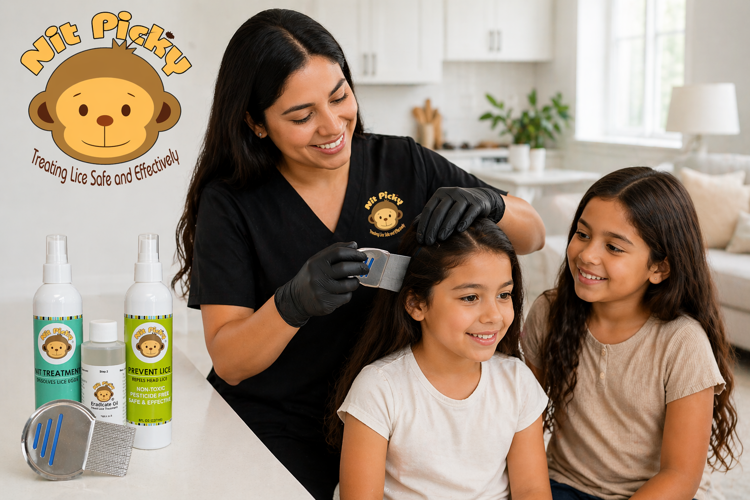 Nit Picky lice technician combing dark brown hair in home lice treatment.