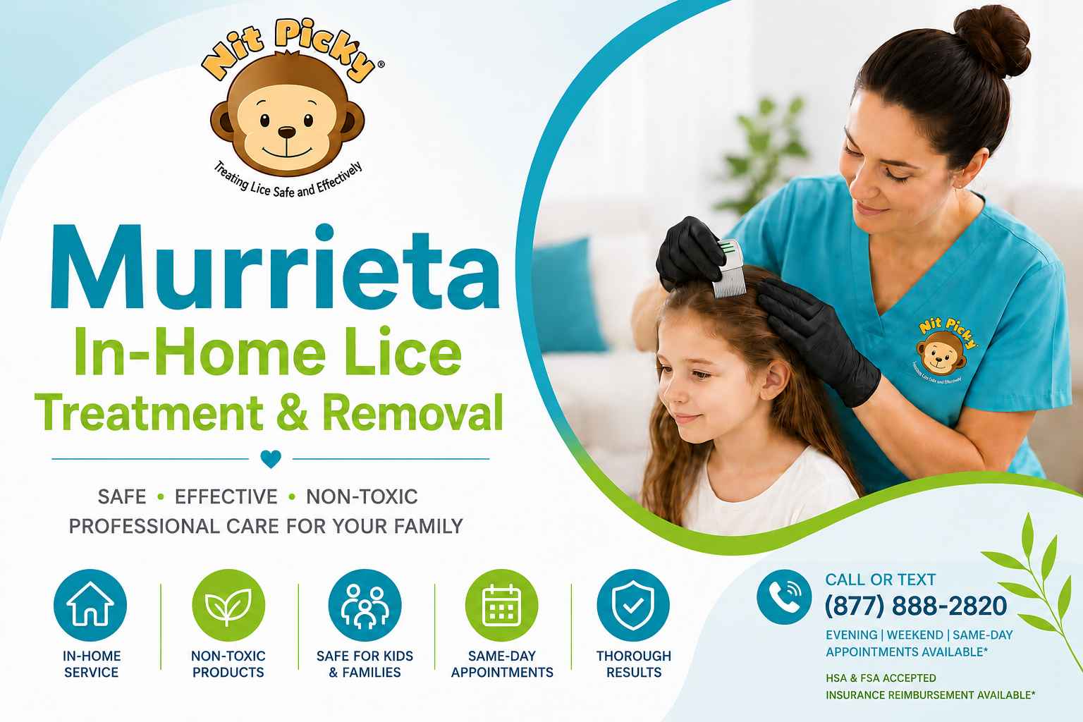 Professional Nit Picky® technician providing safe, non-toxic in-home lice treatment and head lice removal for a child in Murrieta, CA with same-day appointments available.