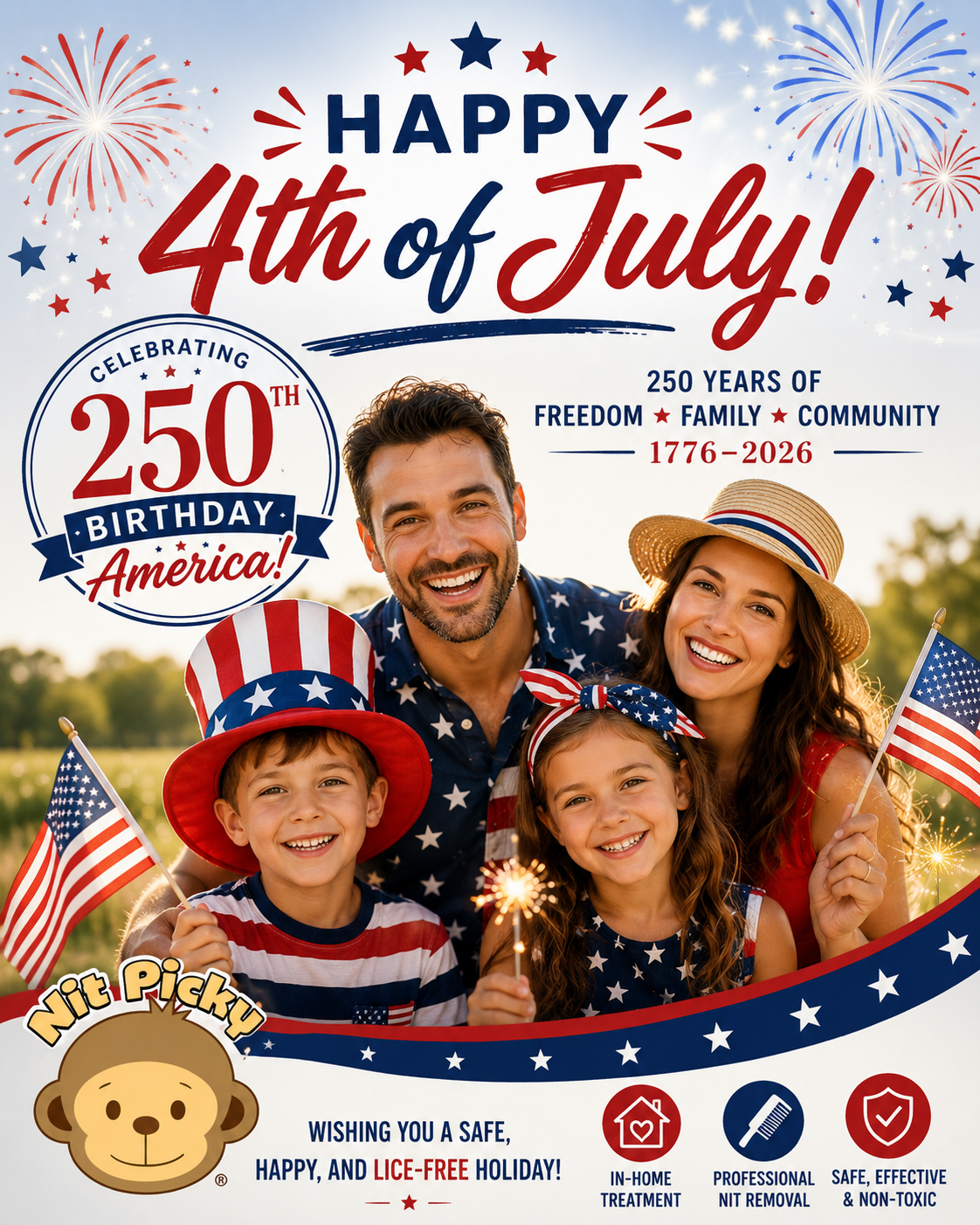 Happy 4th of July patriotic family celebrating America's 250th birthday with fireworks, American flags, and sparklers. Nit Picky® wishes families a safe, happy, and lice-free Independence Day.