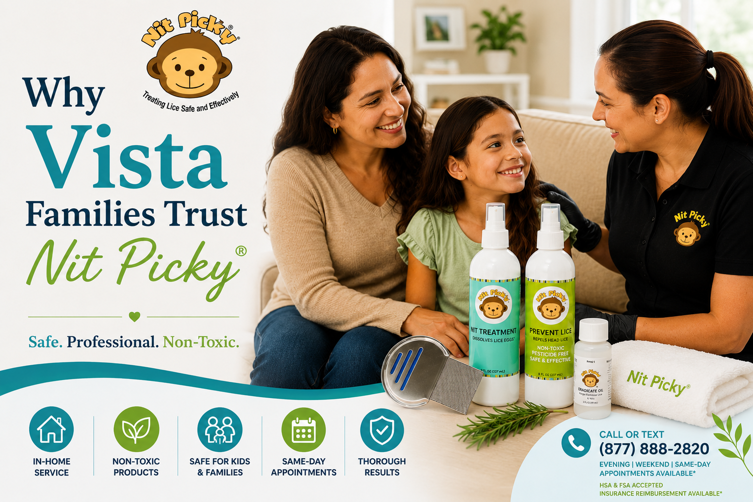 Vista safe, non-toxic lice treatment products and professional lice removal services.