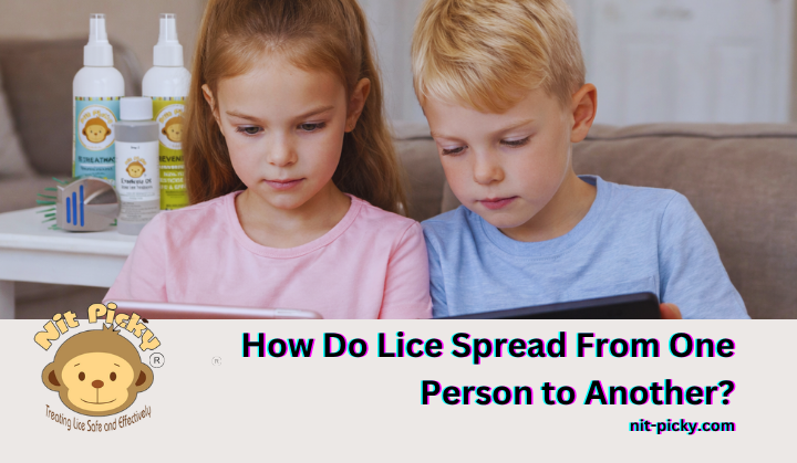 Two children sitting close to each other on the couch looking at their tablets with Nit Picky Lice Products in the background.
