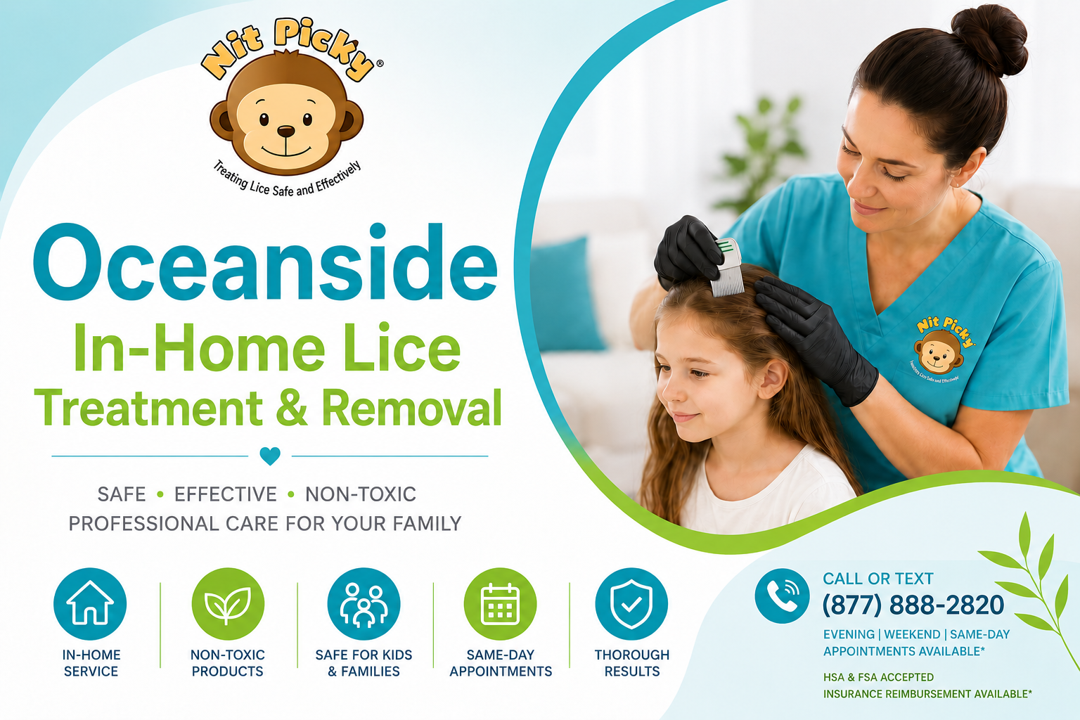 Oceanside in-home lice treatment and lice removal by a Nit Picky® technician providing safe, non-toxic head lice care for a child in North County San Diego.