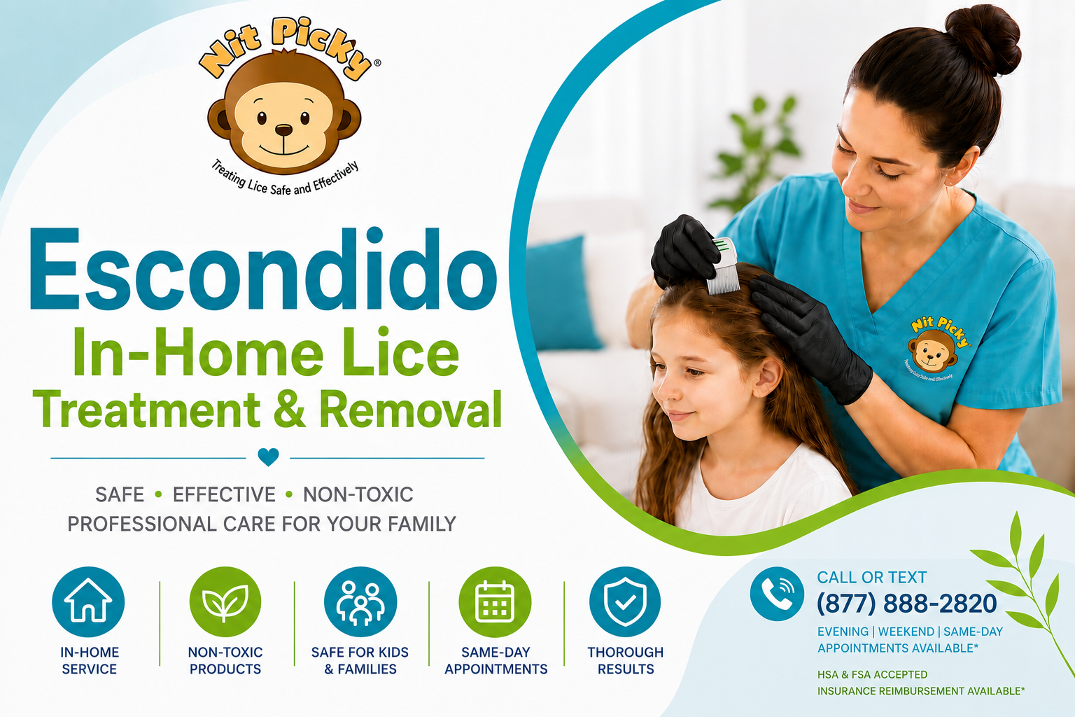 Escondido In-Home Lice Treatment & Removal promotional graphic featuring a professional lice technician carefully combing a young girl's hair during an in-home head lice treatment.