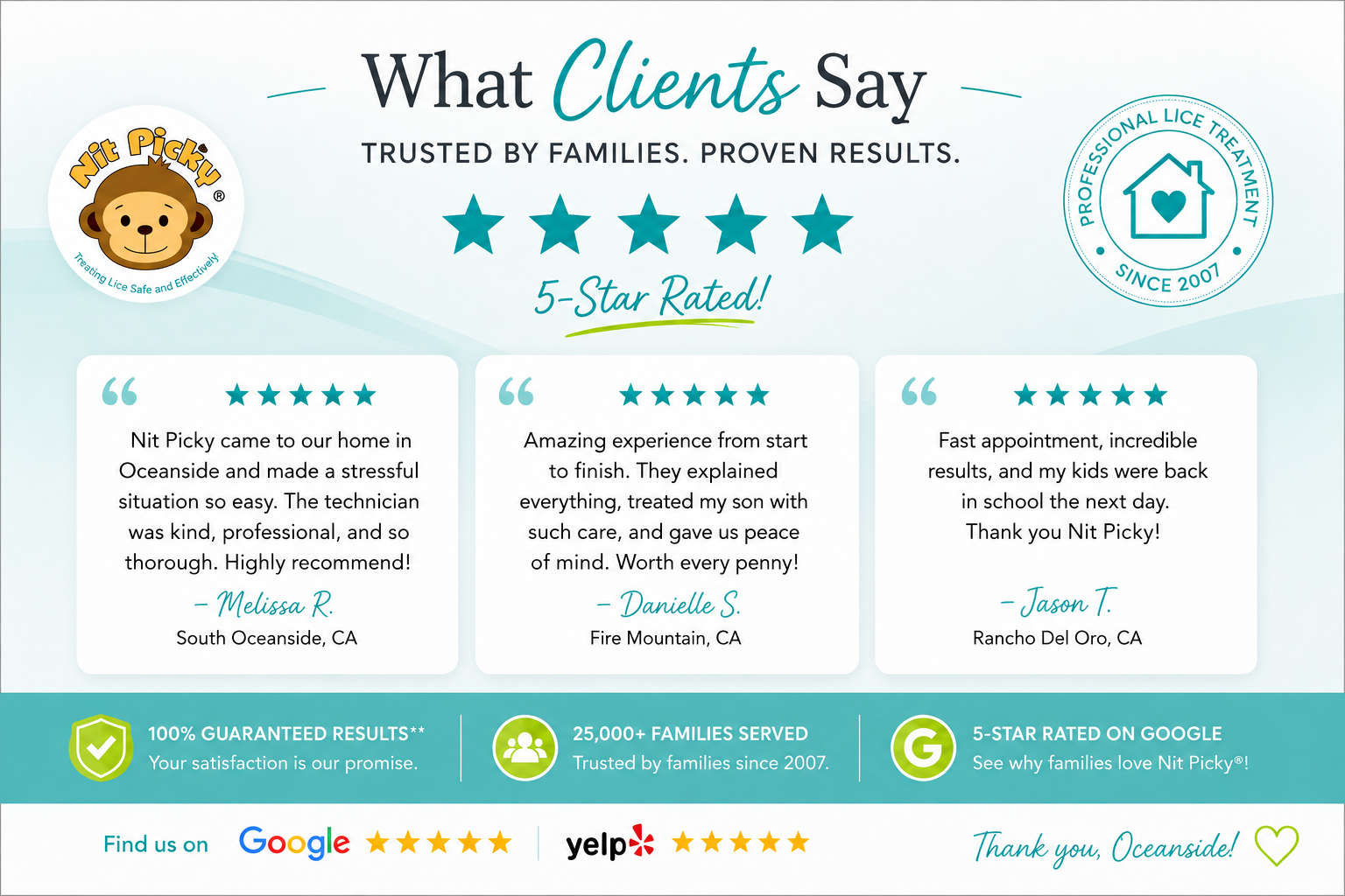 Oceanside families trust Nit Picky® for professional in-home lice treatment, lice removal, and non-toxic head lice care throughout North County San Diego.