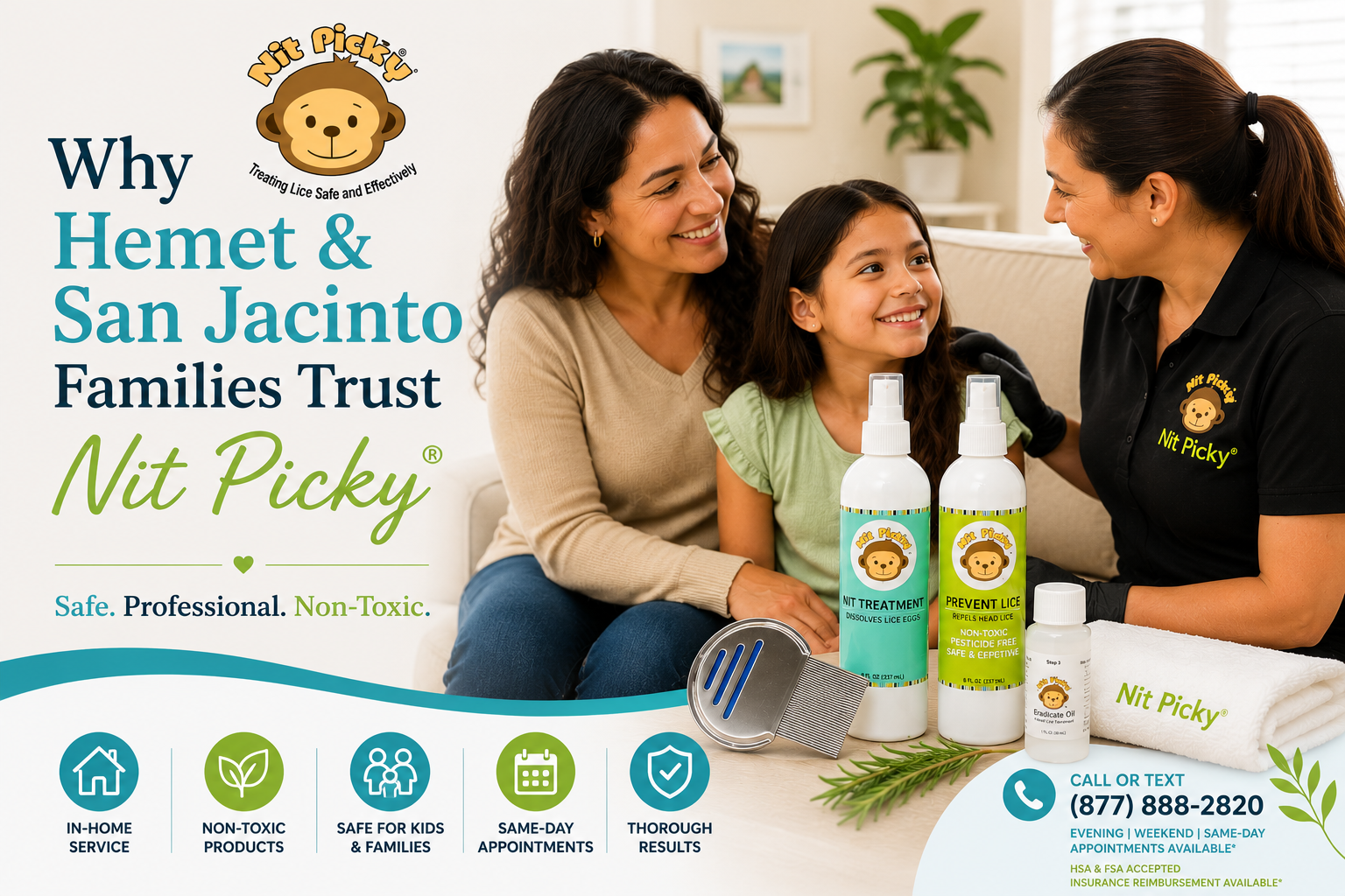 Hispanic mother and daughter smiling with a Nit Picky® lice specialist during an in-home head lice consultation in Hemet and San Jacinto, CA, featuring safe, non-toxic lice treatment products and professional lice removal services.