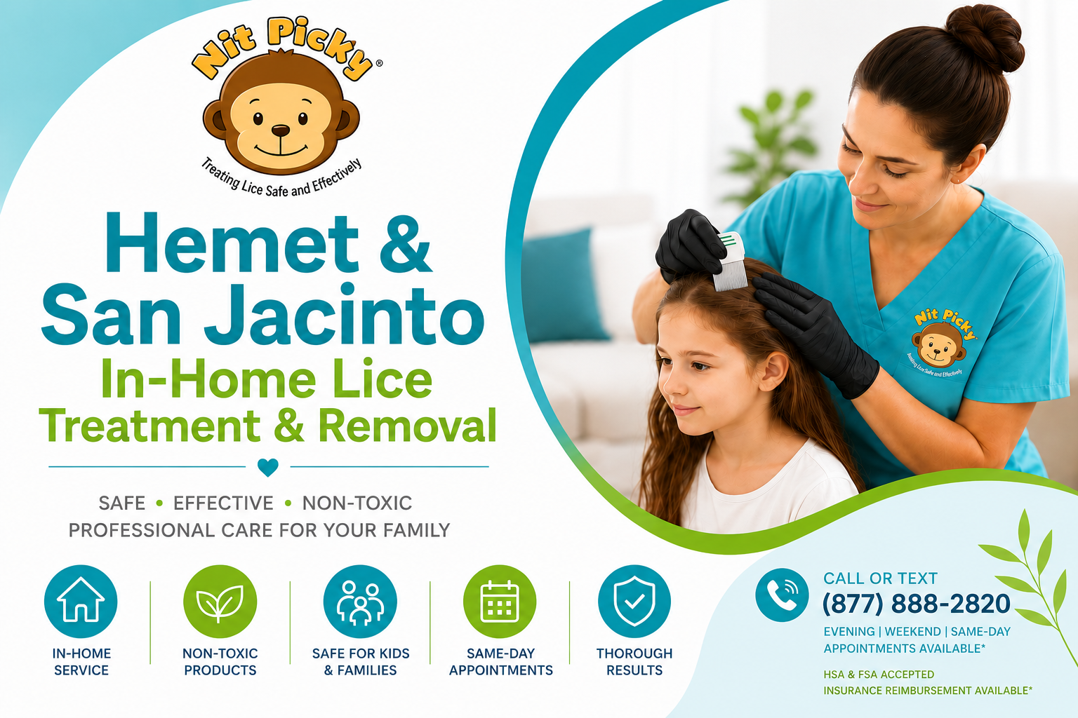 Professional Nit Picky® technician providing safe, non-toxic in-home lice treatment and head lice removal for a child in Hemet and San Jacinto, CA with same-day appointments available.