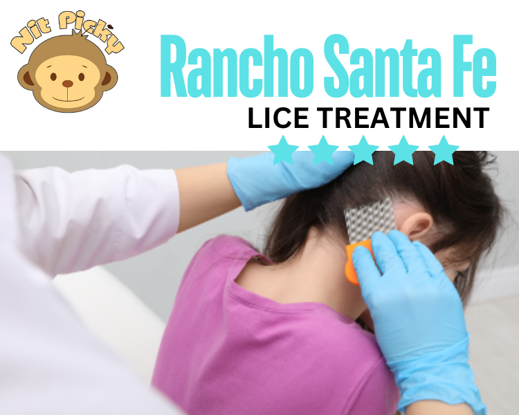 A healthcare professional applying a lice treatment to a child's head in a clinic or medical setting, promoting Rancho Santa Fe lice treatment service.