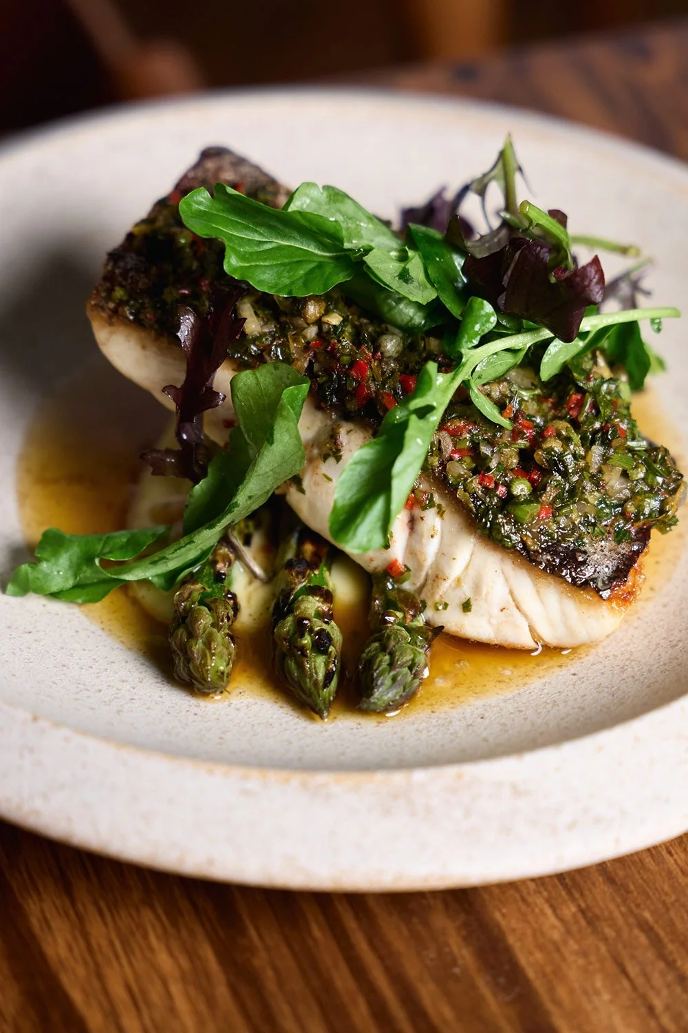 Market fish, myeolchi butter, asparagus, land cress, leek cream