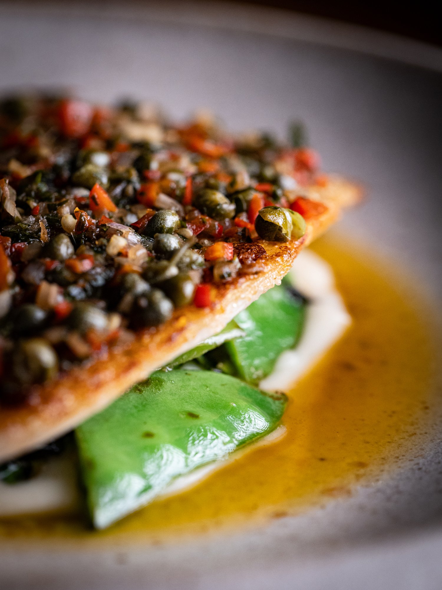 King George Whiting with wilted collard greens, myeolchi butter, and Jerusalem artichoke purée