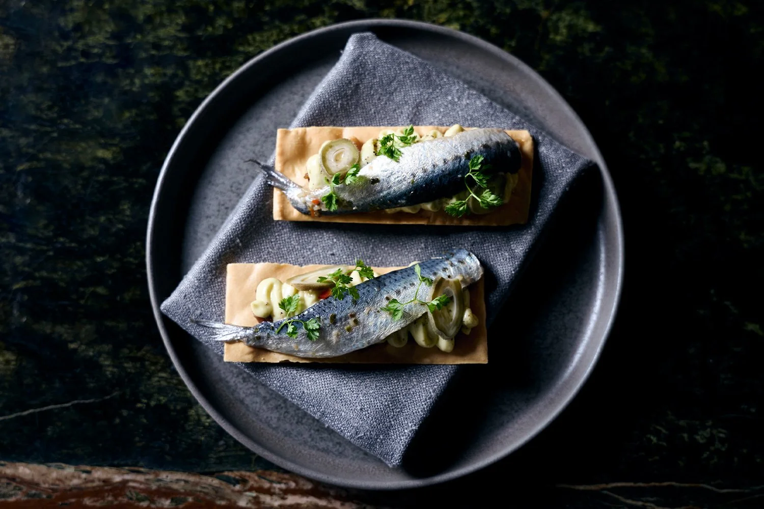 Pickled sardine, smoked leek emulsion, onion jam, lavosh, green almond