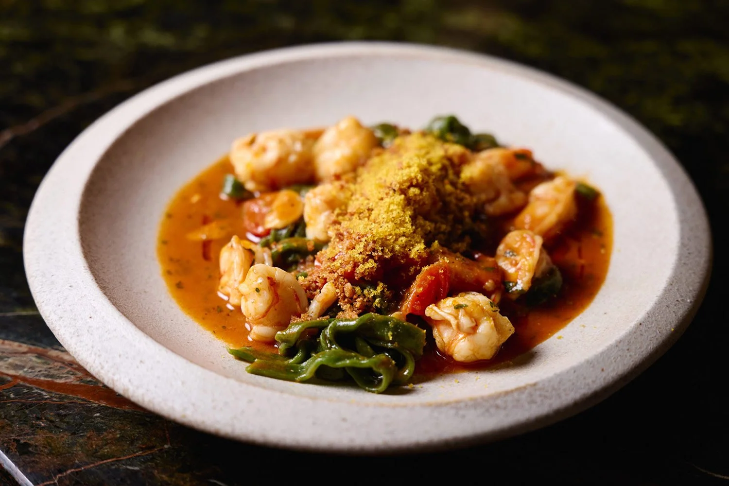 Stinging nettle guksu, tiger prawn, bottarga, doenjang “bisque”, sourdough crumb