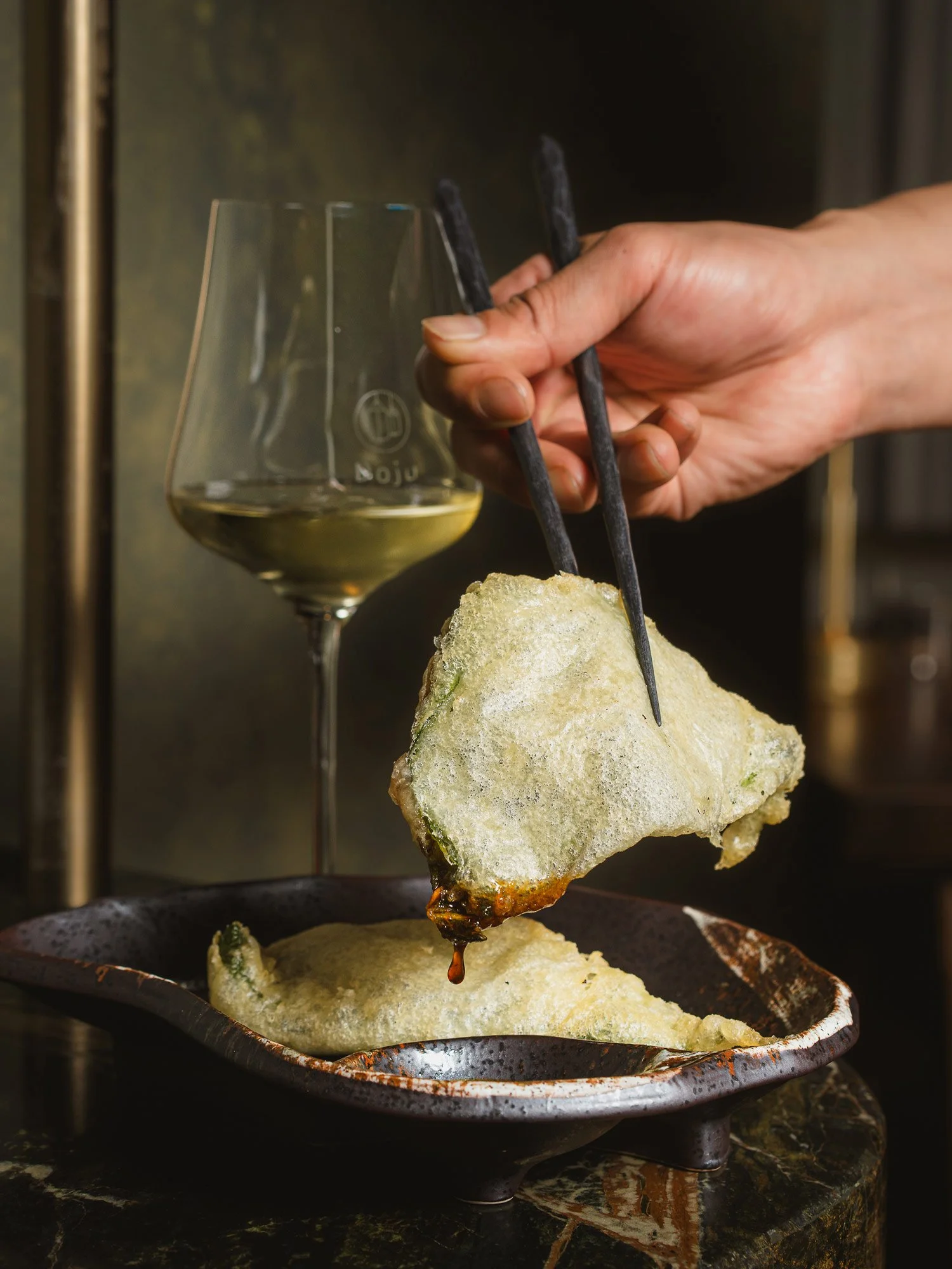 Tempura pine-nut yakbap, perilla leaf, ganjang vinaigrette
