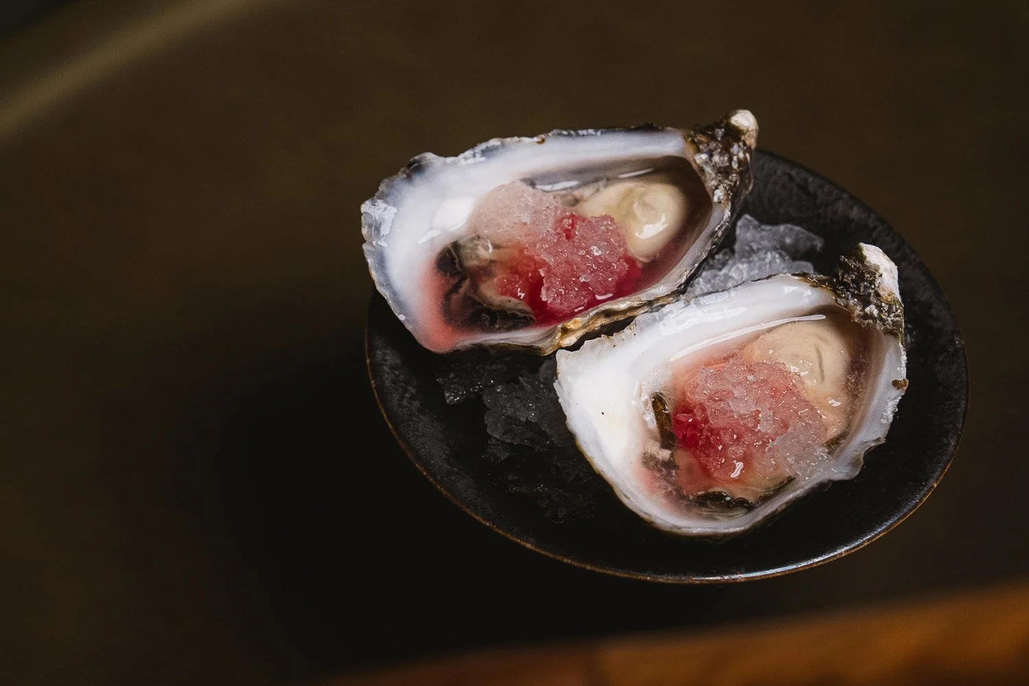 Oyster, pepperberry dongchimi granita