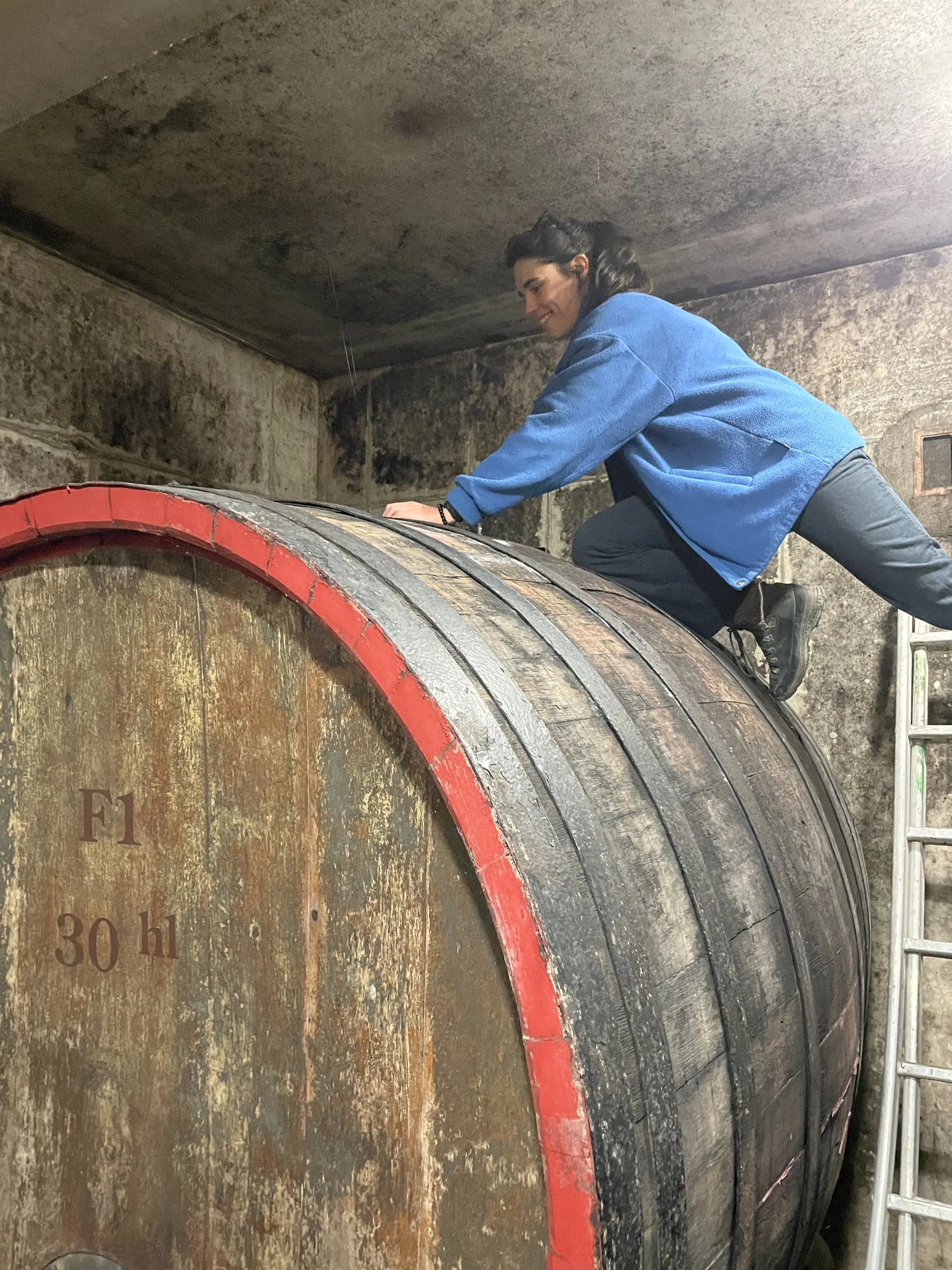 Zoe of Moulin de la Gardette getting a barrel sample of 2025 'Tradition'