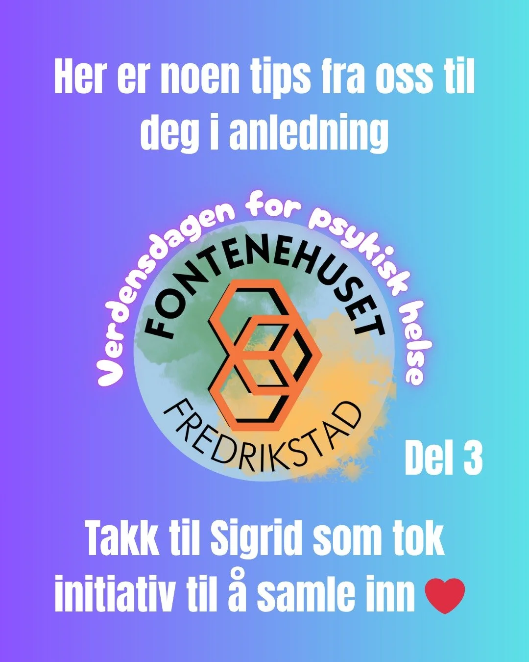 Da var det verdensdagen for psykisk helse, dere! 10 oktober &lt;3 Vi markere denne dagen med &aring;pen cafe hos oss, med vafler, kaffe og prek &lt;3 Her er siste del av tipsene vi har plukka ut til deg!

Ta vare p&aring; dere selv og hverandre. Vi e