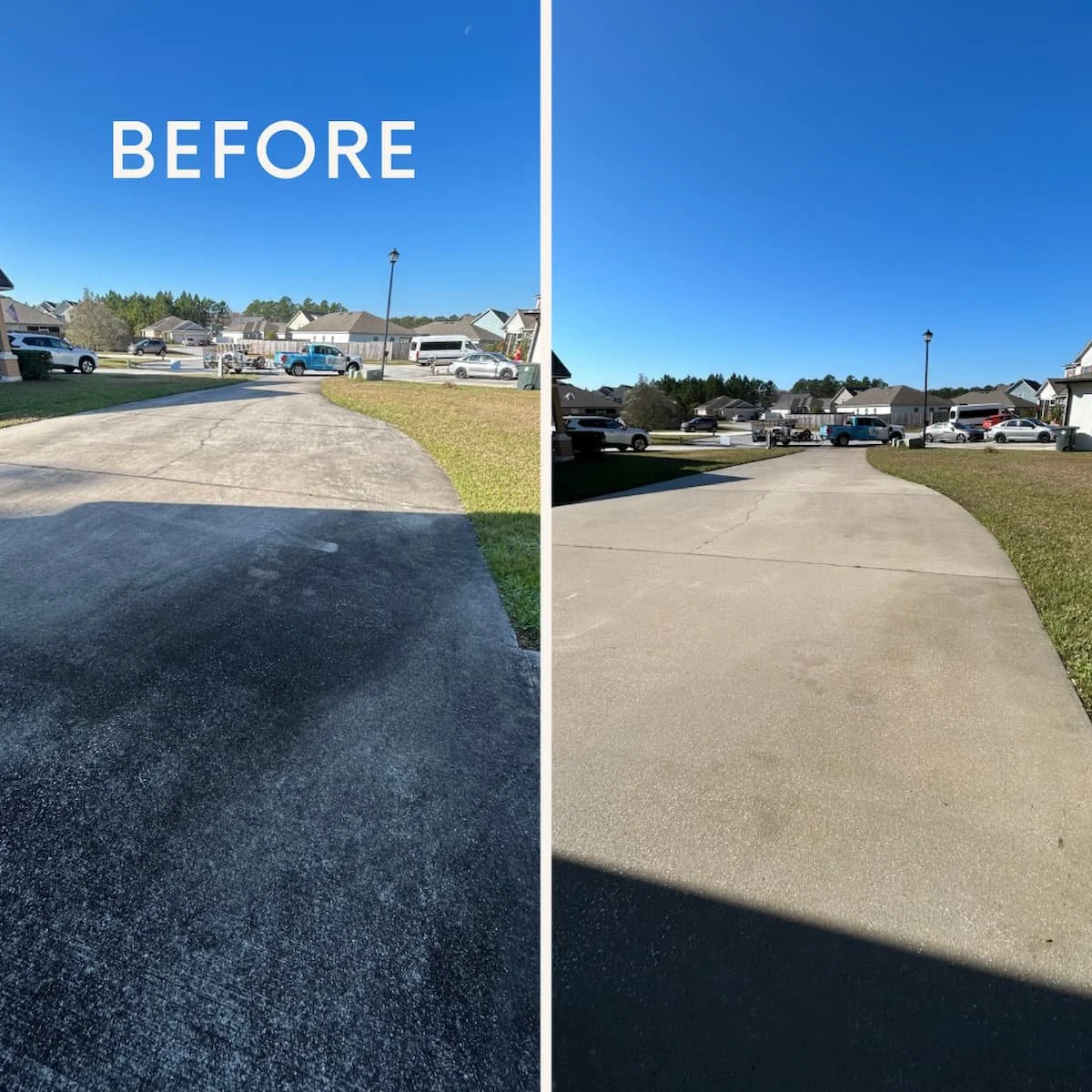 Side-by-side comparison of a driveway before and after pressure washing. The left side shows a dark, stained driveway, while the right side shows a clean, bright driveway under sunny sky.