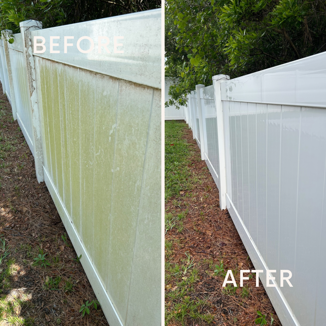 Before and after professional vinyl fence cleaning in Jacksonville, Florida by State Line Pressure Washing
