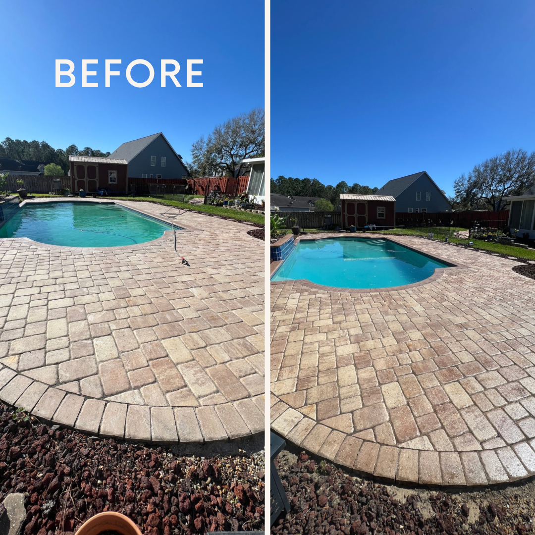 Before and after paver cleaning and sealing around a pool in Jacksonville, Florida by State Line Pressure Washing