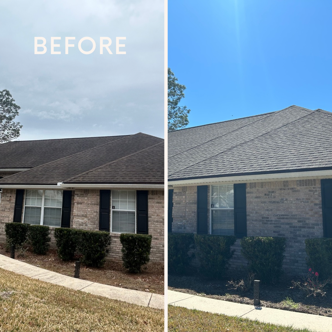 Before and after professional soft wash roof cleaning in Jacksonville Florida by State Line Pressure Washing
